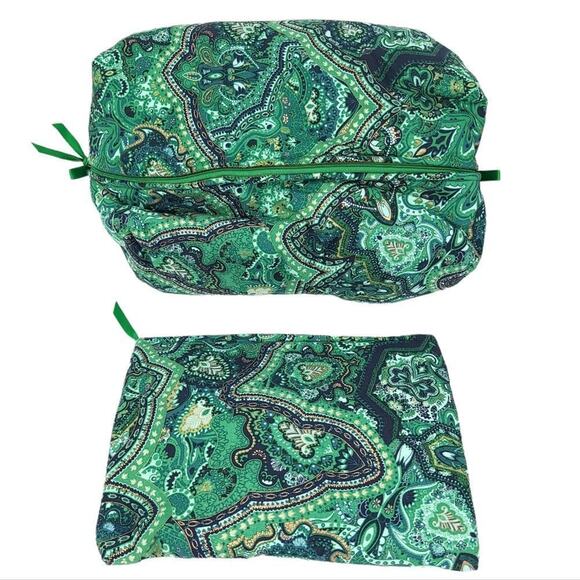 Handmade Makeup Cosmetic Bag Set Green Floral Travel Zip Case Lined Make Up - Picture 1 of 13